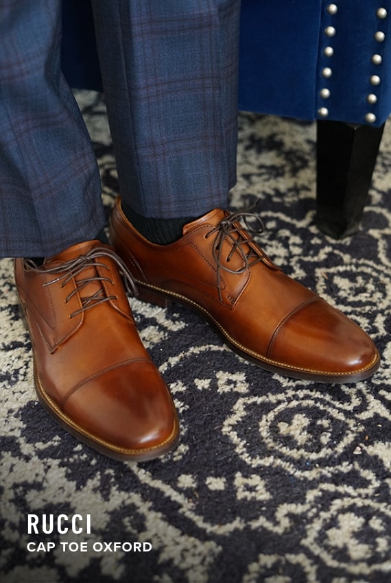 Father's Day Picks Image features the Rucci cap toe oxford in cognac