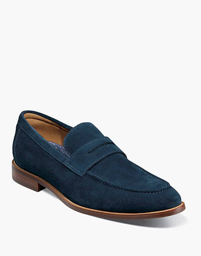 Rucci Moc Toe Penny Loafer in navy suede for $180.00 dollars.