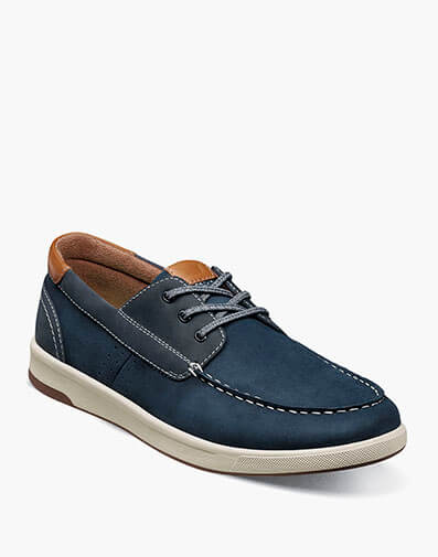 Crossover Elastic Lace Moc Toe Boat Shoe in Navy Nubuck for $170.00 dollars.