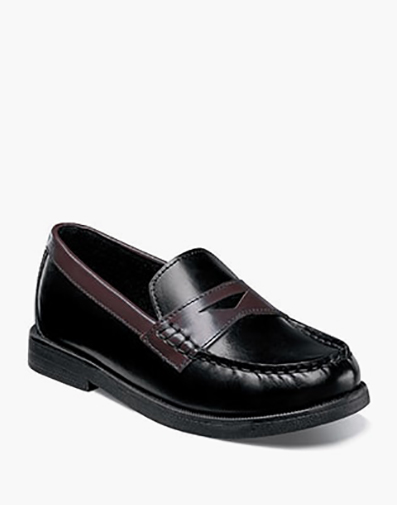 Croquet Jr. Boys Moc Toe Penny Loafer in Black and Brown for $90.00 dollars.