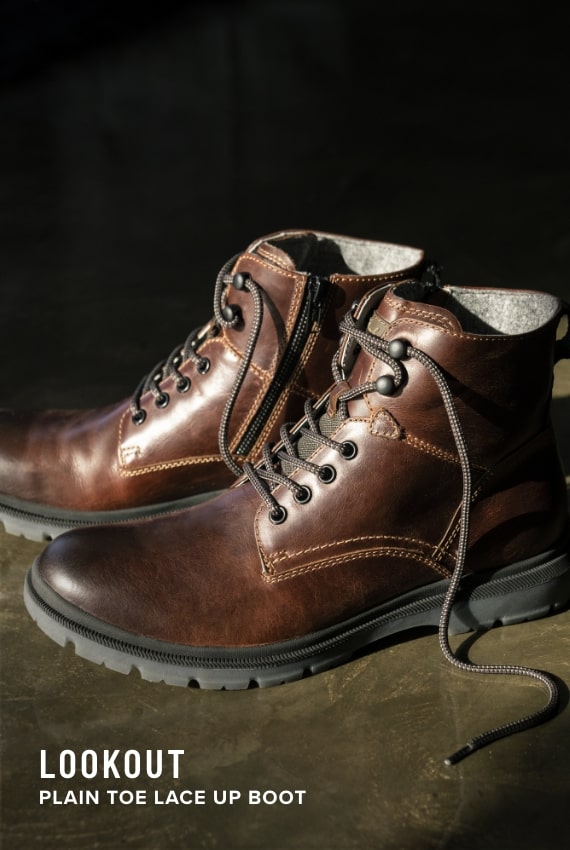 Shoes for Men view all category. Image features the Lookout lace up boot in brown.
