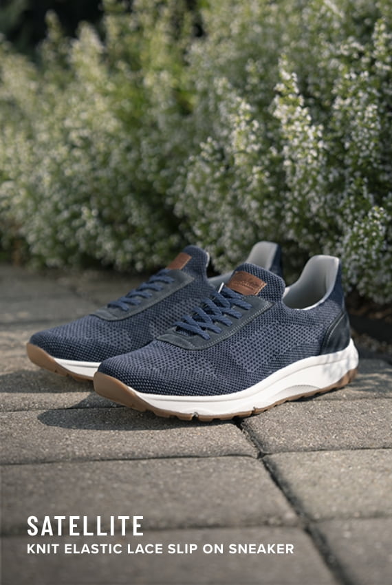 Shoes for Men view all category. Image features the Satellite Knit in navy.