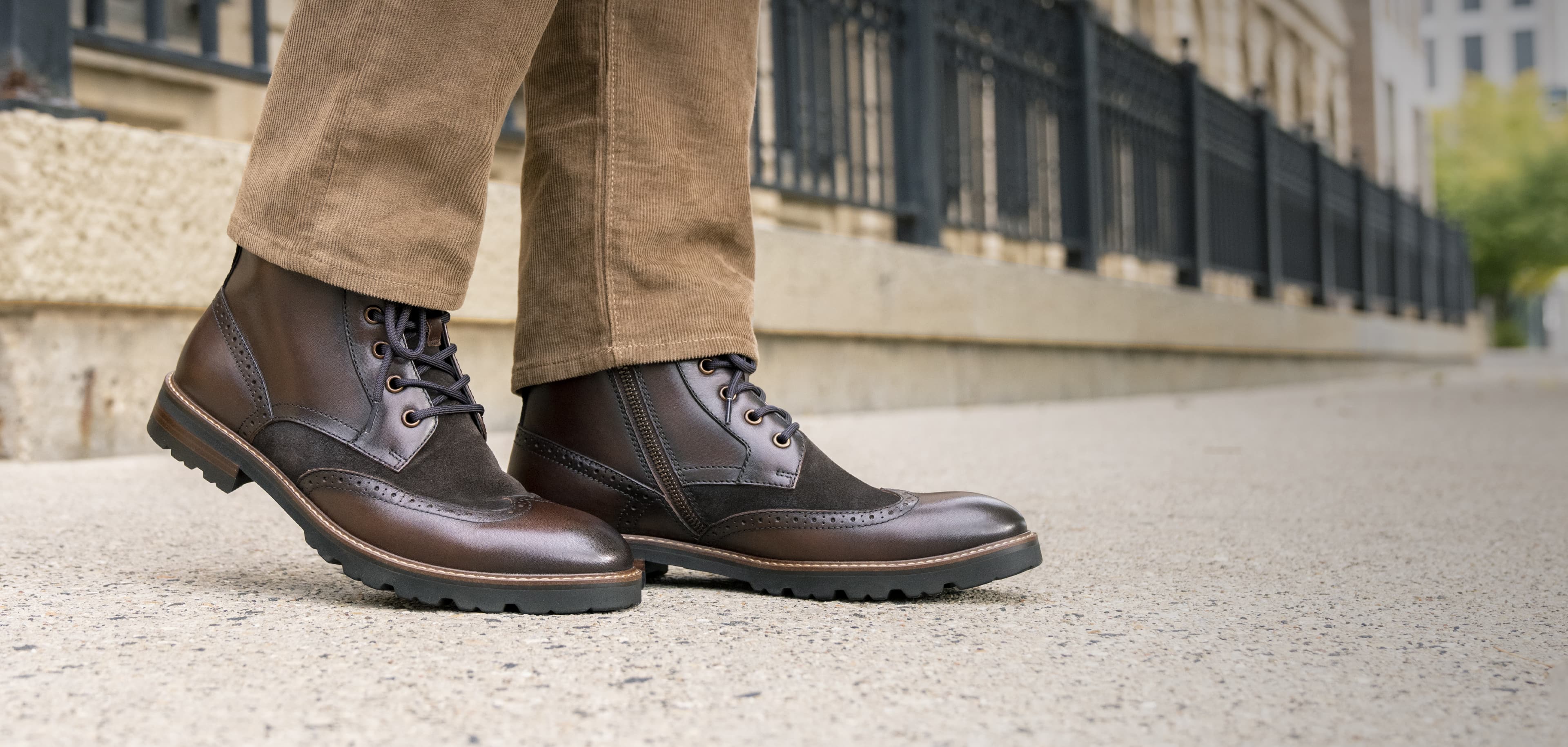 Click to shop Florsheim New Arrivals. Image features the Renegade Wingtip Boot in brown.