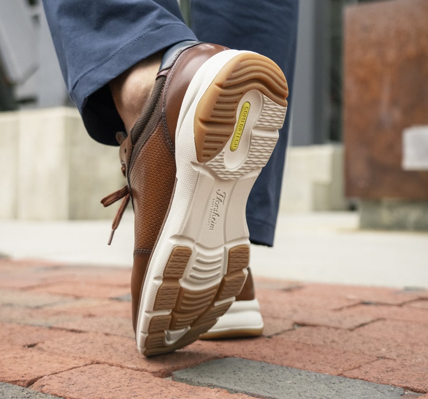 Click to shop Florsheim Comfortech. Image features the Frenzi T toe.