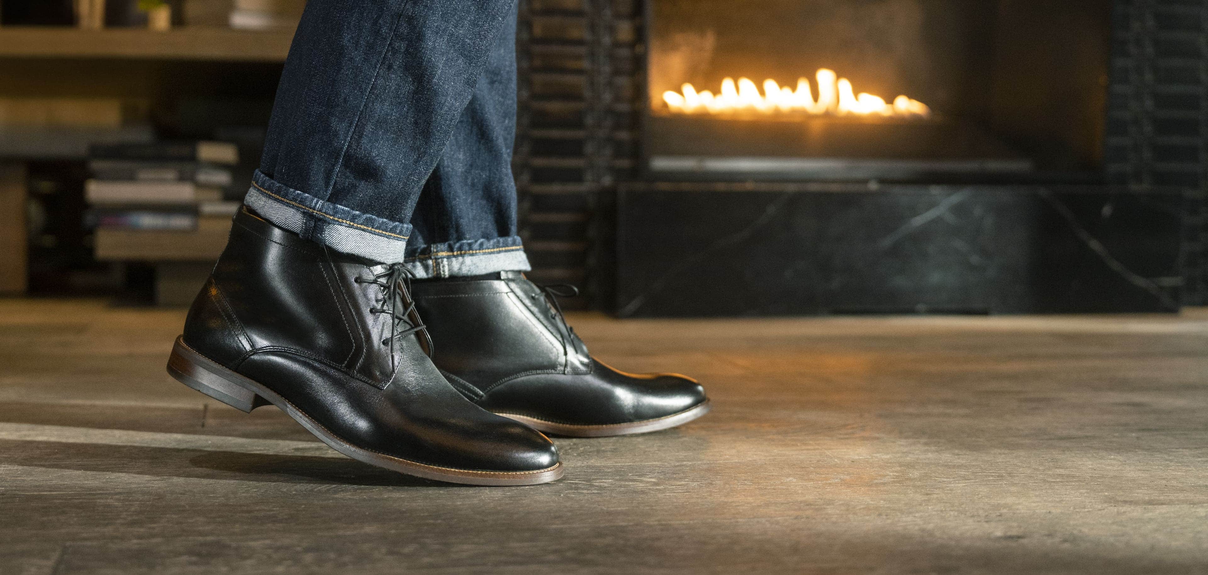 Click to shop Florsheim new arrivals. Image features the Rucci Chukka in black.
