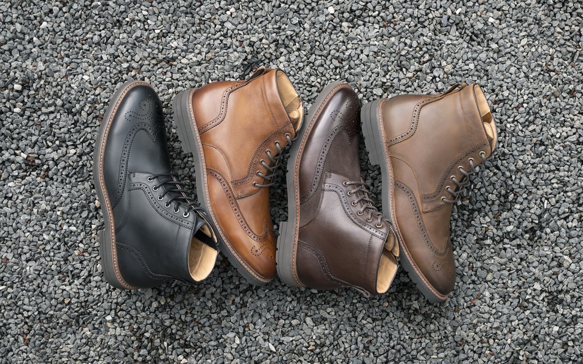 Shop the new Redford collection featuring a flat lay of the wingtip boot in all colors.