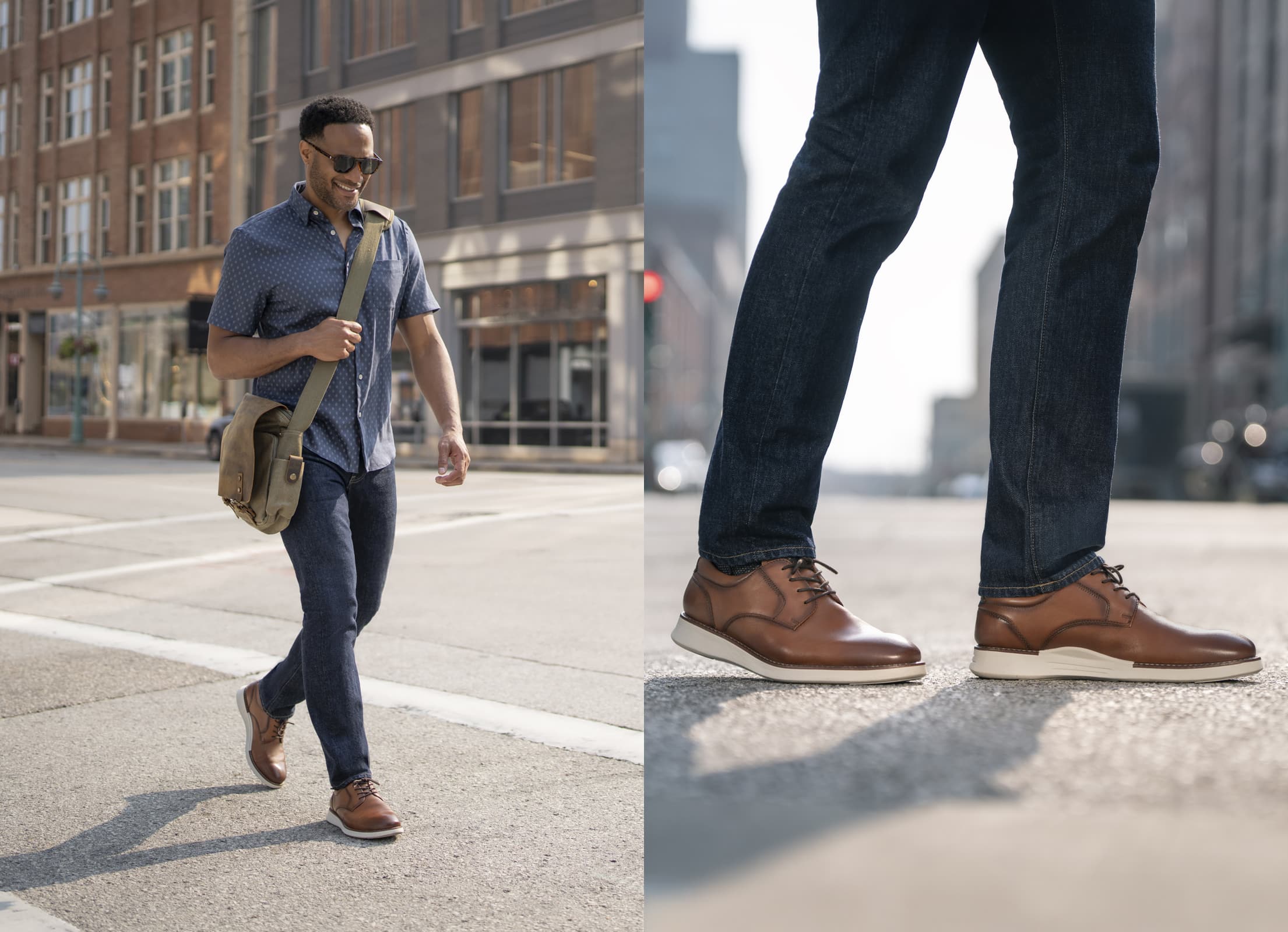 Shop Florsheim new arrivals featuring the Launch Plain Toe Oxford in cognac in a crosswalk.