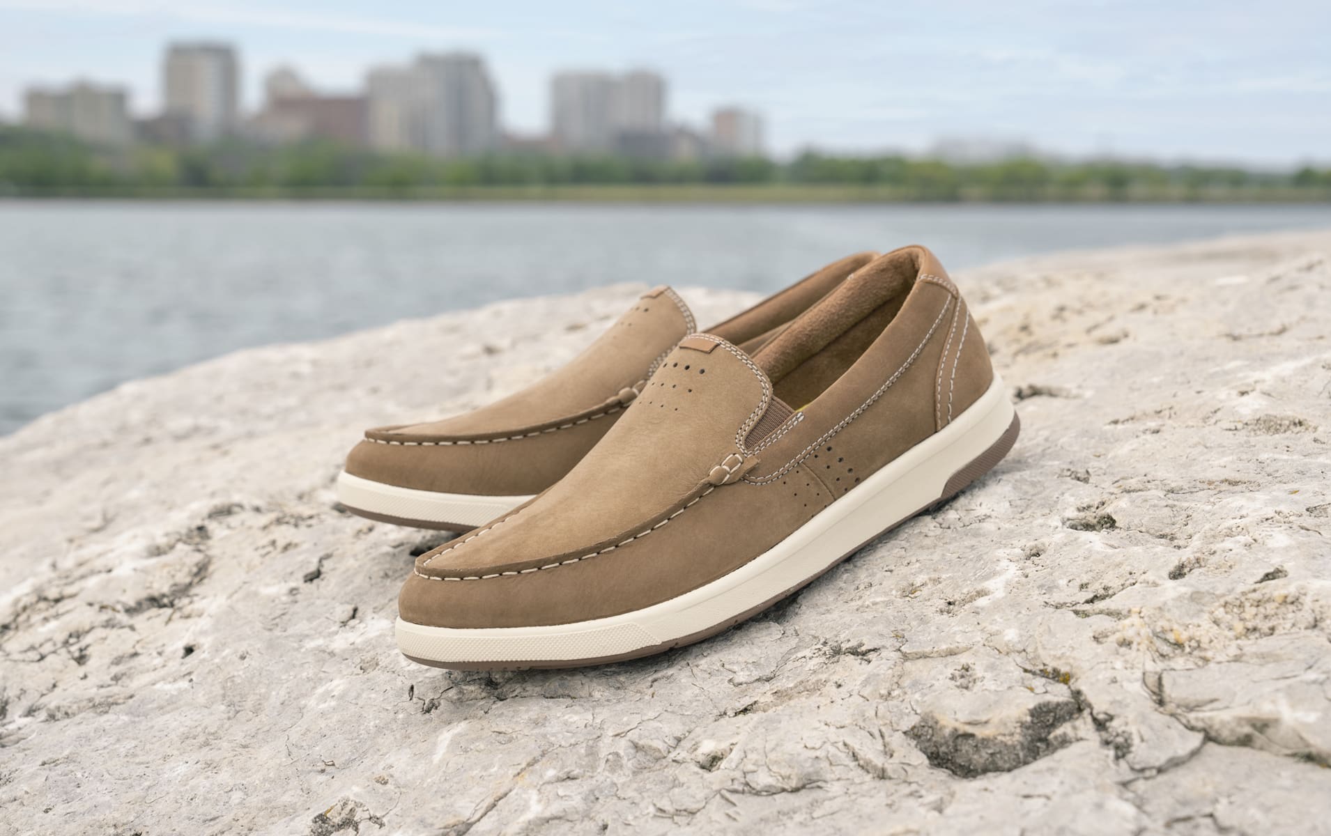 Click to shop Florsheim casuals. Image features the Crossover slip on in mushroom.
