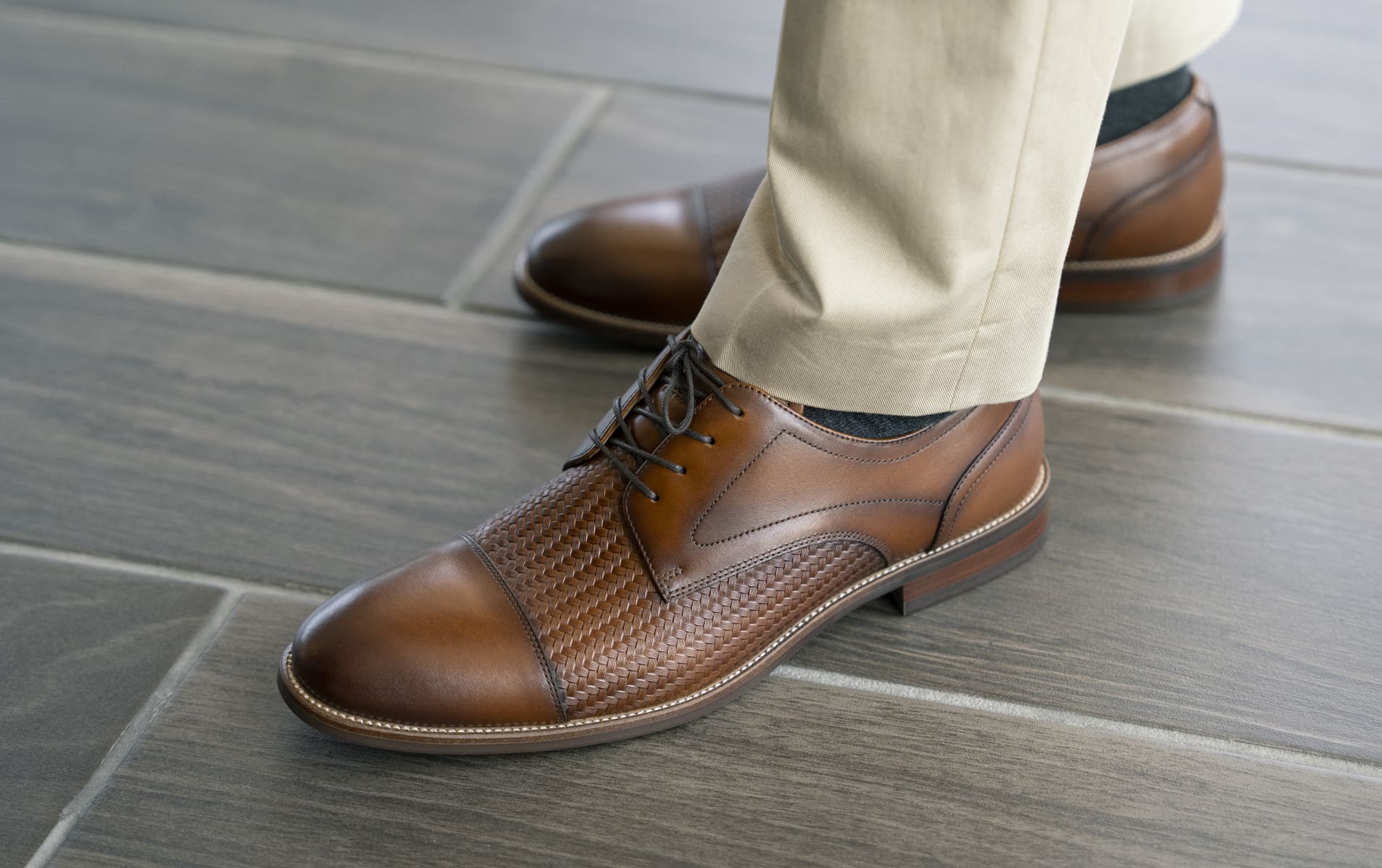 Click to shop Florsheim dress. Image features the Rucci weave in cognac.