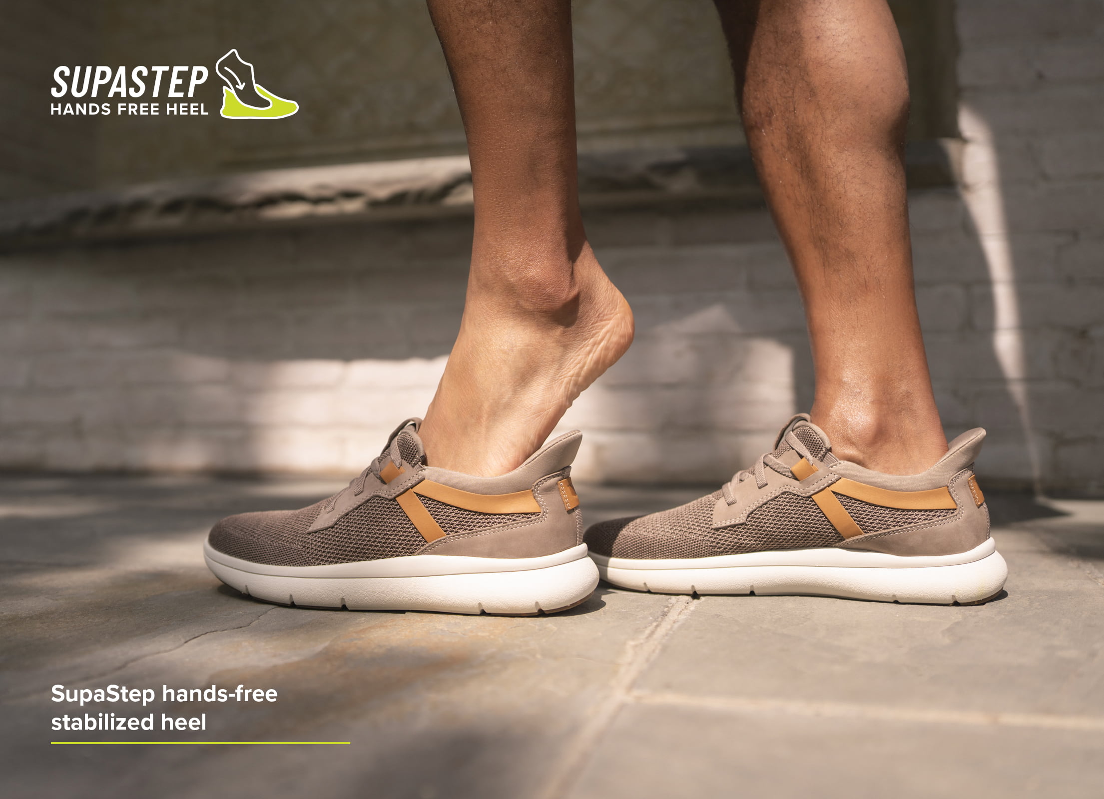 Video features a man stepping into the SupaStep Hands Free Heel on the Fleet knit slip on.