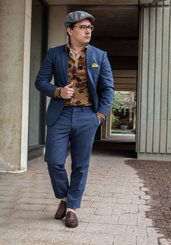 Image of social media influencer Matt Hartman standing outside in the Flair Wingtip Oxford in Cognac Multi.