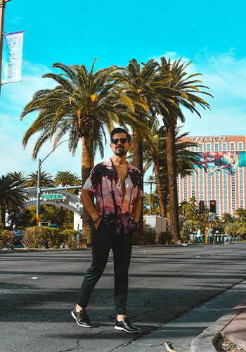 Image of social media influencer Matt Hartman standing outside in the Flair Wingtip Oxford in Cognac Multi.