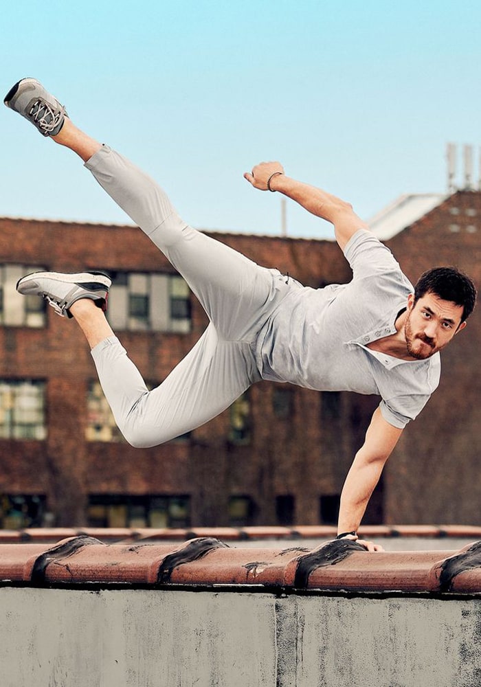 July 2022: Actor Ben Koji jumps around in our Tread Lite Mesh Moc Toe Lace Up Sneaker while chatting about his movie Bullet Train with Men's Health.