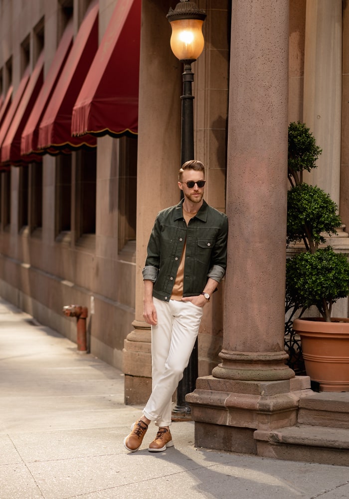 May 2022: Menswear influencer Ben Brewster walks the streets of New York in our Studio Perf Toe Lace Up Sneaker.