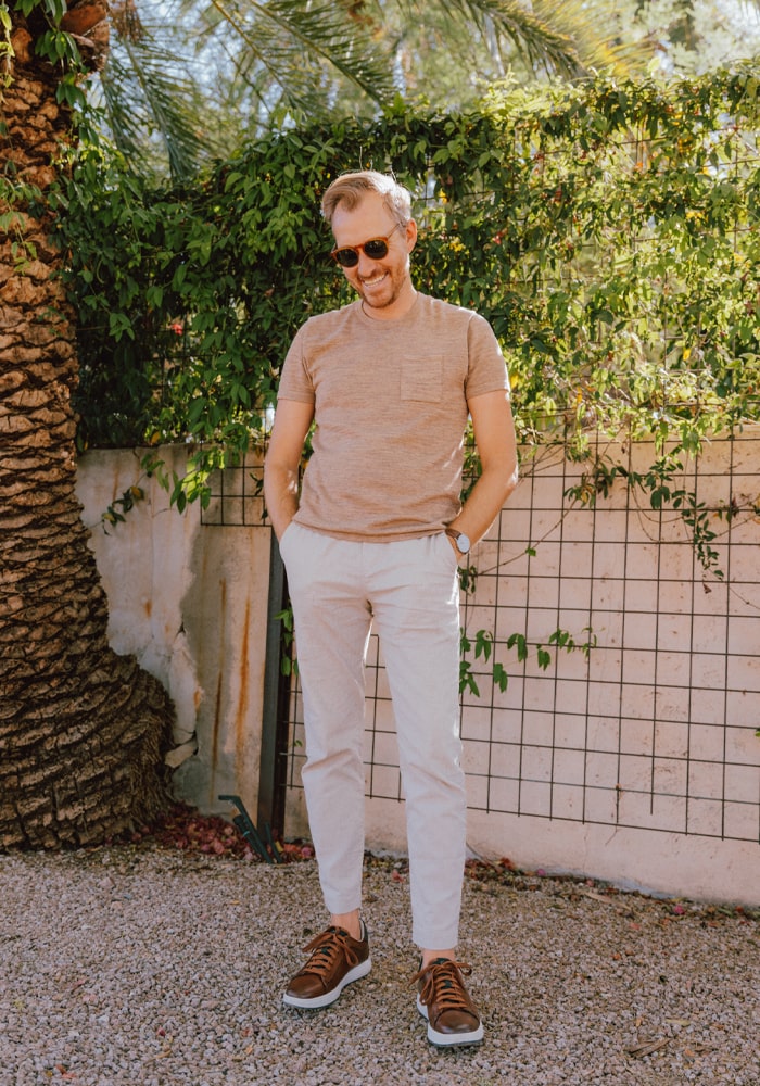 June 2022: Photographer and menswear blogger Tim Melideo enjoys a moment in the Tuscon sun while wearing our Heist Lace to Toe Sneaker.
