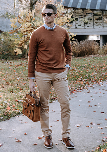 Image of social media influencer Matt Hartman standing outside in the Flair Wingtip Oxford in Cognac Multi.