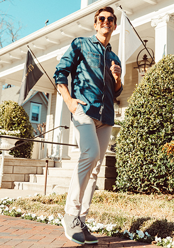 Image of social media influencer Cameron Hinkle walking outside in Tennessee in the Fuel 5-Eye Plain Toe Oxford in Gray Suede.