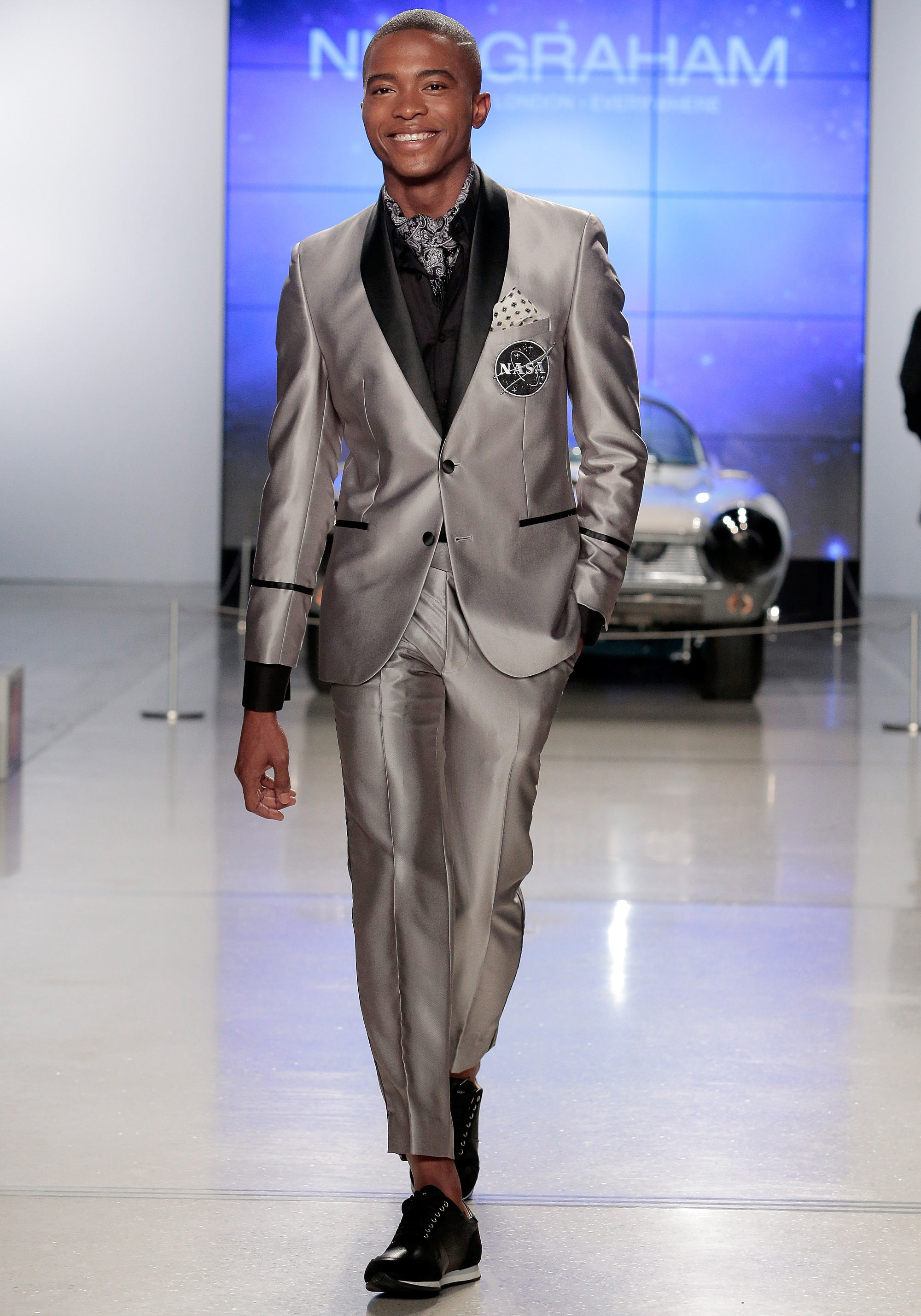 Image of model Igee Okafor wearing Florsheim Shoes on the runway of the Nick Graham Fashion Show during New York Fashion Week.