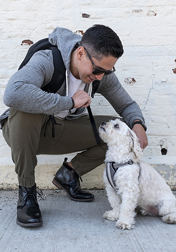 Image of Mark, from the Instagram duo @thenycccouple wearing the Uptown Plain Toe Chukka Boot in Black.                                         