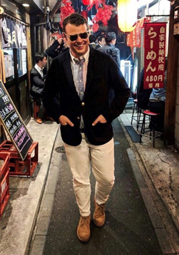 Image of social media influencer Zachary Weiss wearing Florsheim Shoes in Tokyo.