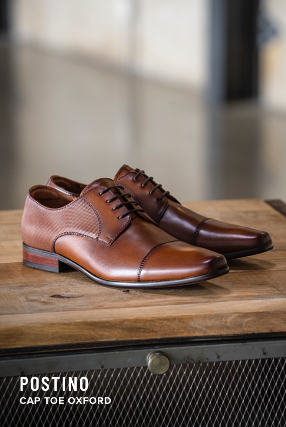 Florsheim Top Sellers category. The featured product is the Postino Cap Toe Oxford in Cognac.