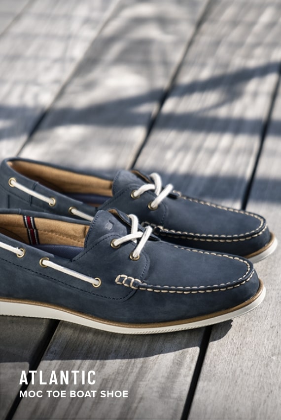 Men's Casual Shoes category. Image features the Atlantic boat shoe in navy.