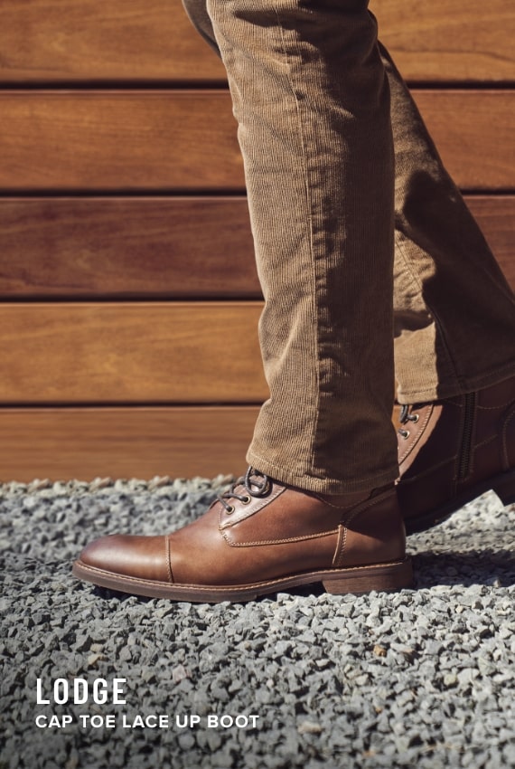 Men's Dress Boots category. Image features the Lodge cap toe boot in brown.