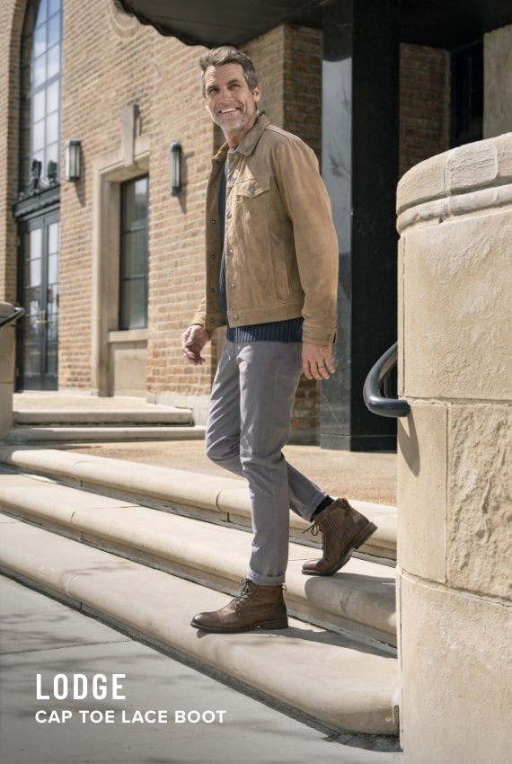 Men's Dress Boots category. Image features the Lodge boot in brown.