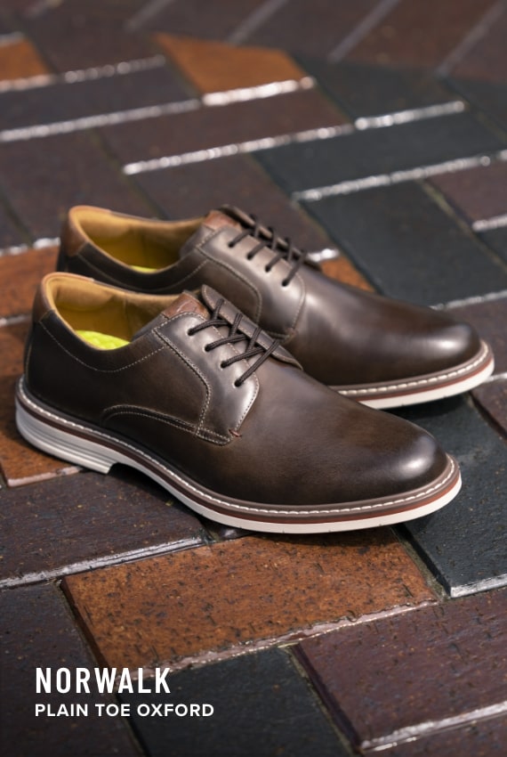 Men's Dress Shoes category. Image features the Norwalk oxford in brown.