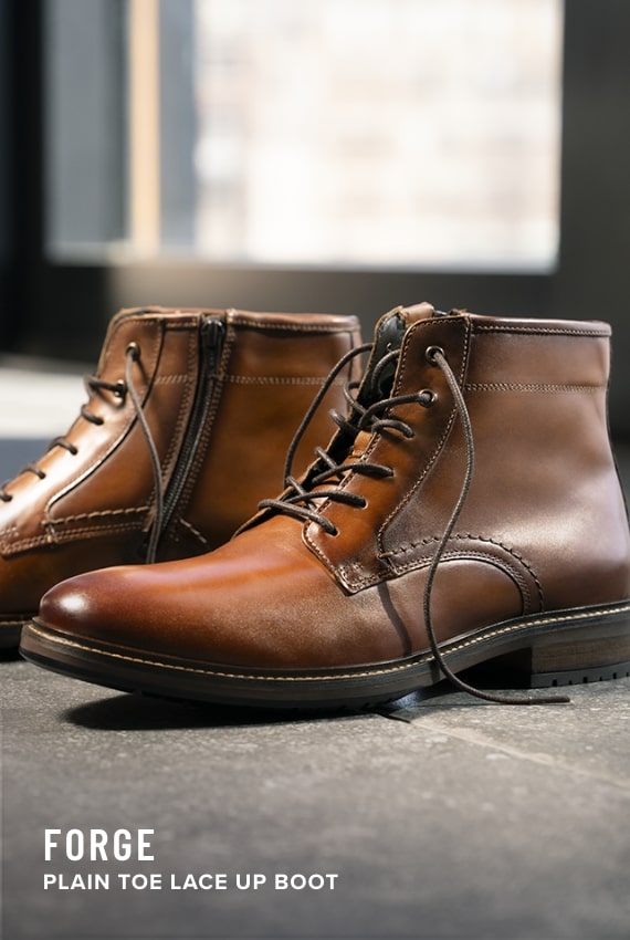 Men's Dress Boots category. Image features the Forge plain toe boot in cognac.