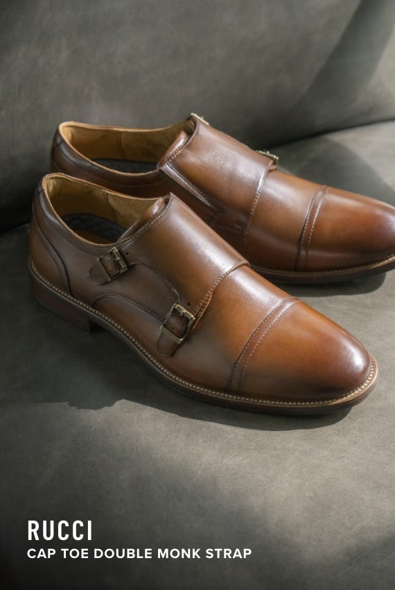Avenue Collection Image features the Rucci Cap Toe Double Monk Strap in cognac.