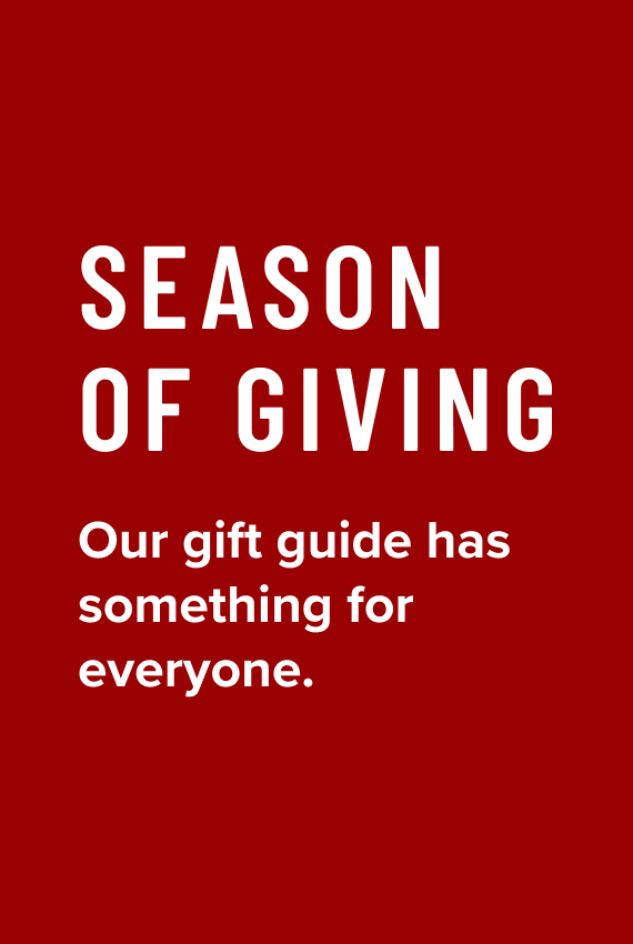 Gift Guide Shop our holiday gift guide featuring white text on a red background. 