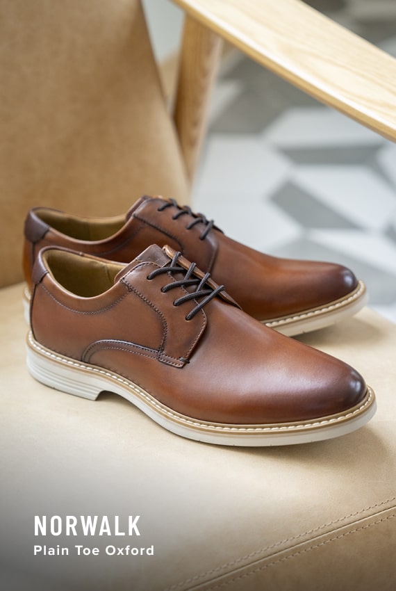 Florsheim Top Sellers category. Image features the Norwalk plain toe oxford in cognac.