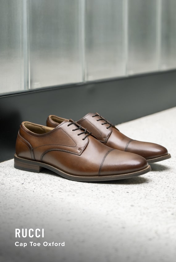 Florsheim Top Sellers category. Image features the Rucci cap toe oxford in cognac.