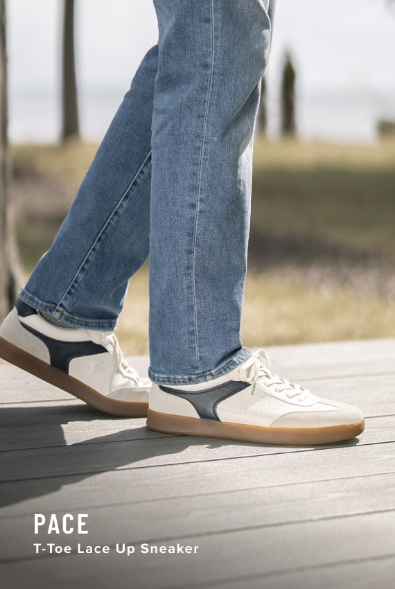 Men's Casual Shoes category. Image features the Pace sneaker in white. 