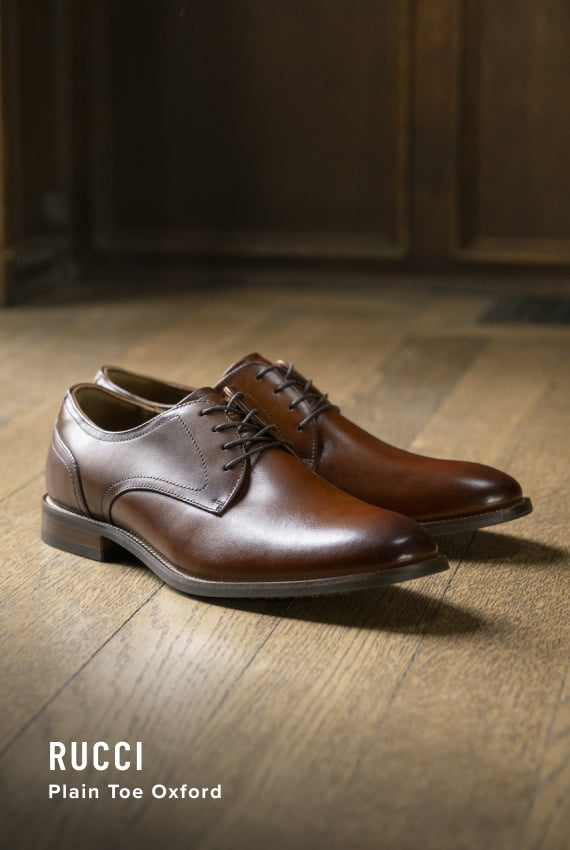 Florsheim Top Sellers category Image features the Rucci plain toe oxford in cognac. 