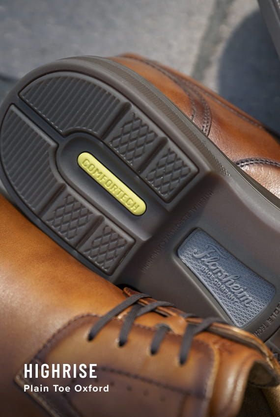 Florsheim Comfortech category Image features the sole of the Highrise Plain Toe Oxford in Cognac.