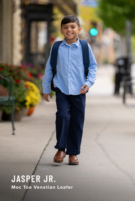 Boy's Casual Shoes category Image features the Jasper Jr. Venetian loafer in cognac. 