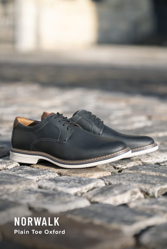 Men's Hybrid Shoes  Image features the Norwalk plain toe oxford in black.