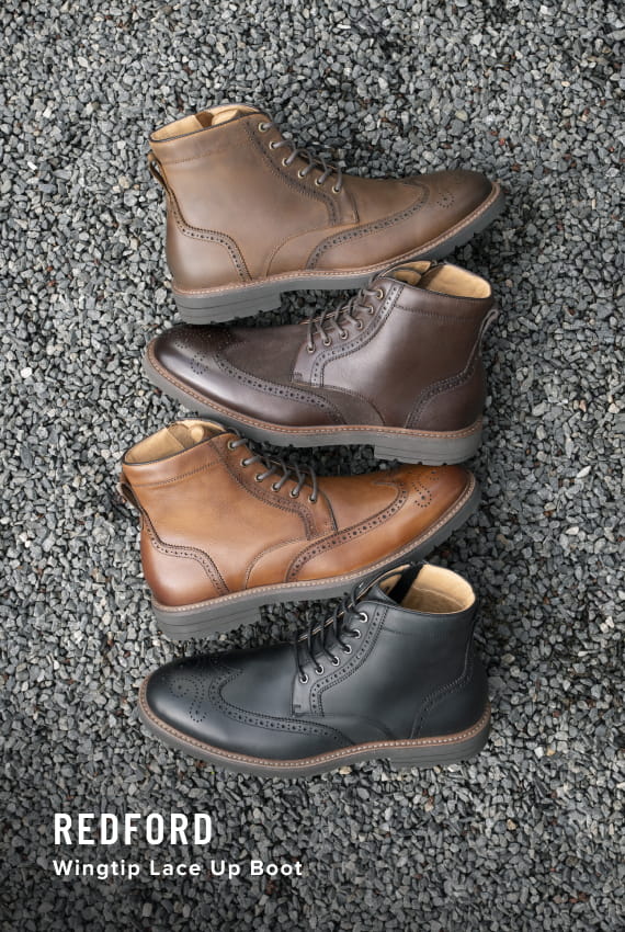 Men's Dress Boots category Image features the Redford wingtip boot in a variety of colors