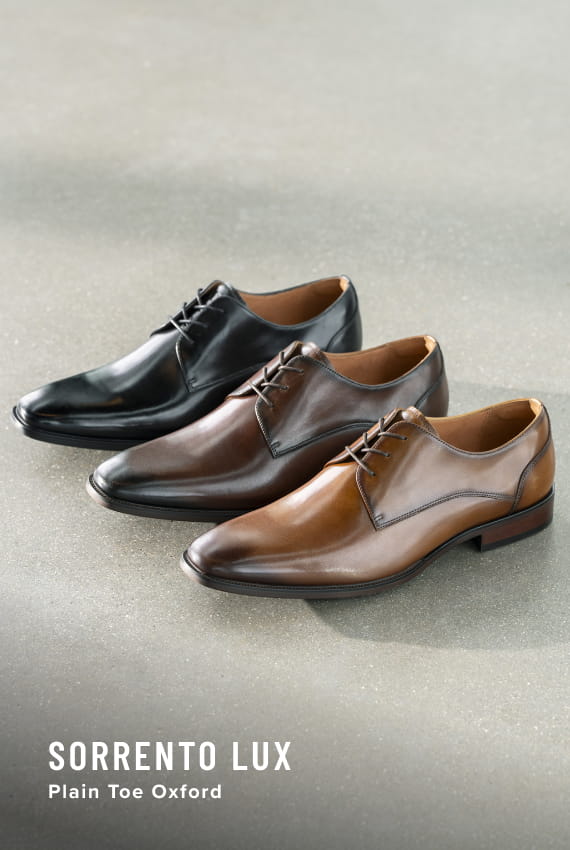 Men's Newest Shoes category. Image features the Sorrento Lux plain toe oxford in various colors.