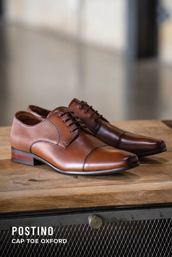 Florsheim Top Sellers category. Image features the Postino cap toe in cognac.
