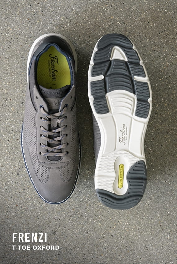 Florsheim Comfortech category. Image features the Frenzi perf toe oxford in grey.