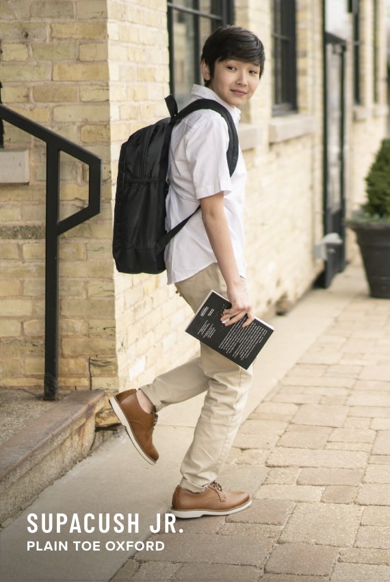 Boy's Uniform Shoes category. Image features the Supacush Jr. in cognac.