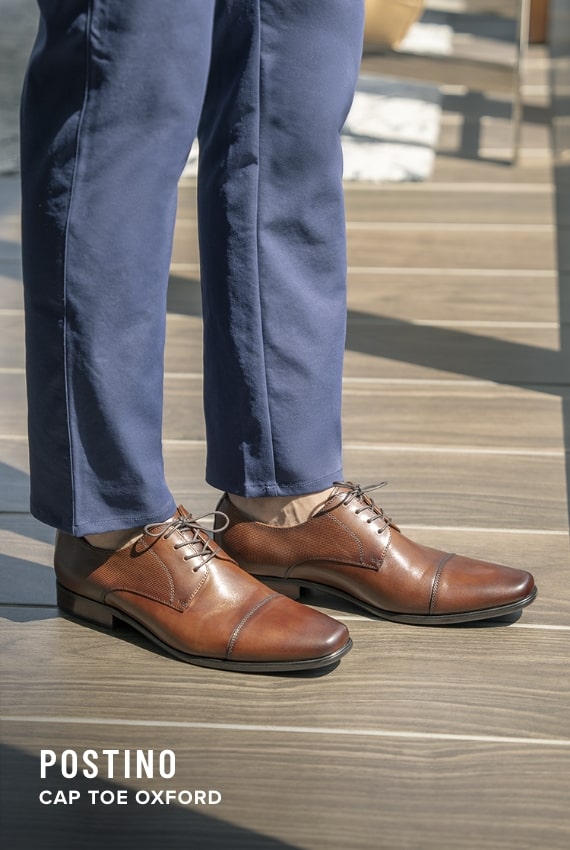 Florsheim Top Sellers category. Image features the Postino Cap Toe in cognac.