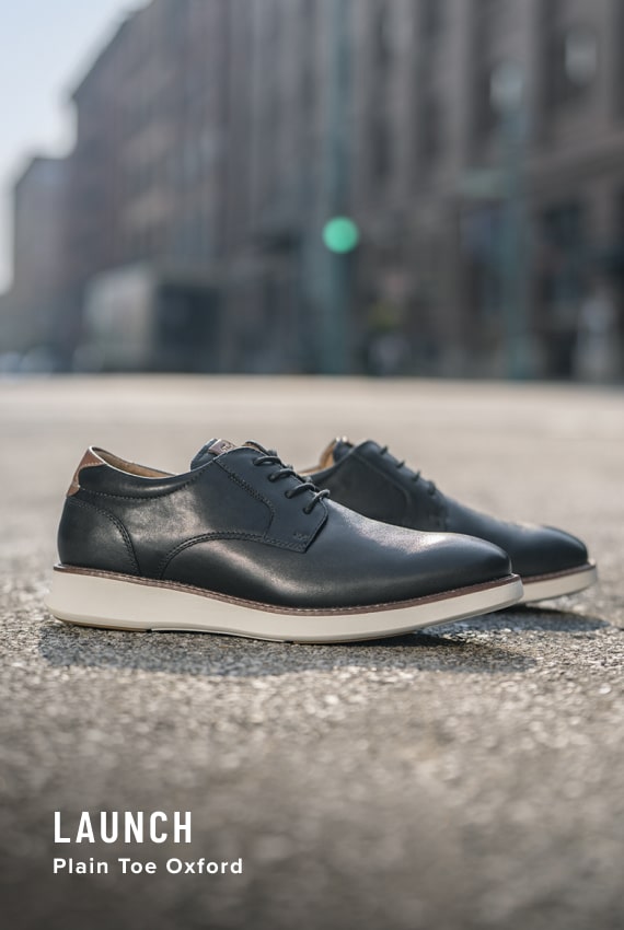 Florsheim Top Sellers category. Image features the Launch plain toe oxford in black.