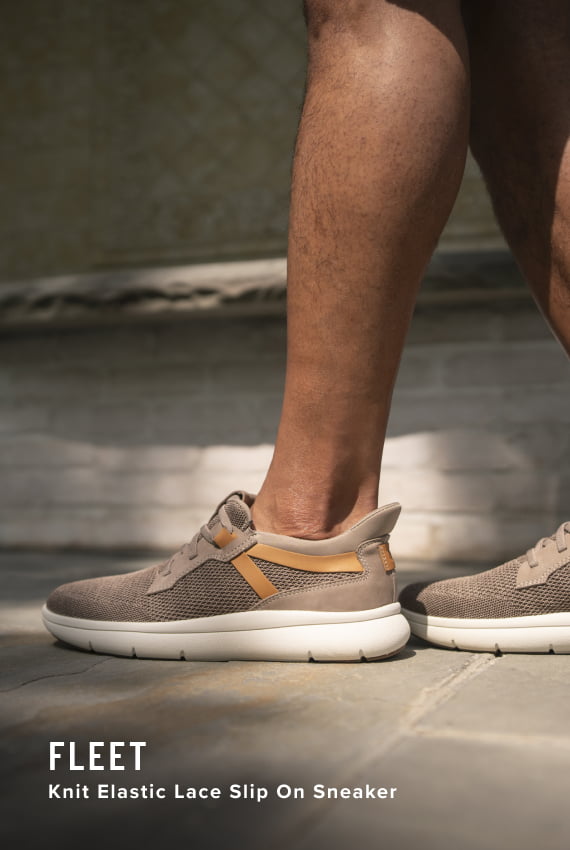 Men's Newest Shoes category. Image features the Fleet Knit Elastic Lace Sneaker in mushroom.