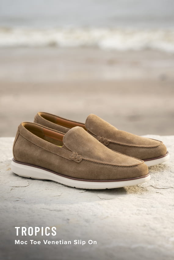  Image features the Tropics Venetian loafer in sand.
