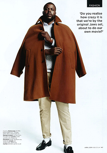 Image of actor Winston Duke wearing Florsheim for British GQ.com.