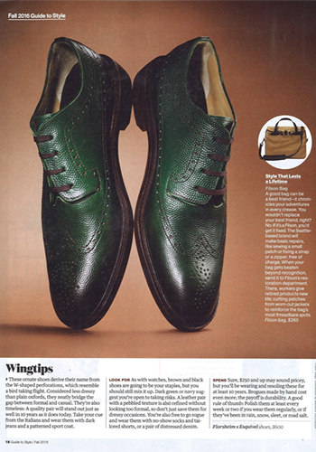 Image of a feature from Men's Health Magazine highlighting the Florsheim x Esquivel Wingtip Oxford.